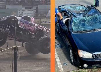 Un pneu fou transforme un spectacle de Monster Truck en cauchemar pour une Kia écrasée devant un public médusé